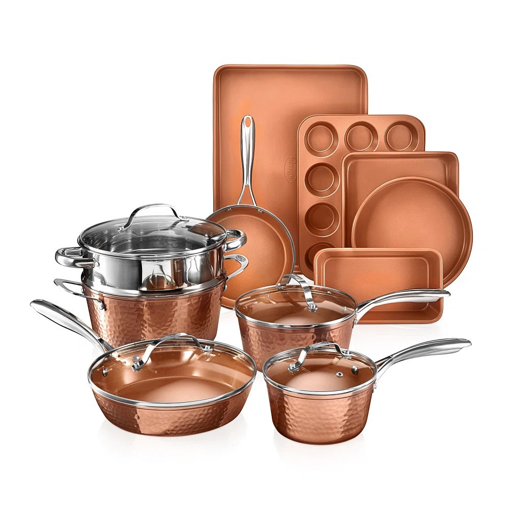Gotham Steel Hammered Copper 15 Piece Nonstick Cookware and Bakeware Set, Stay Cool Handles, Oven... | Wayfair North America