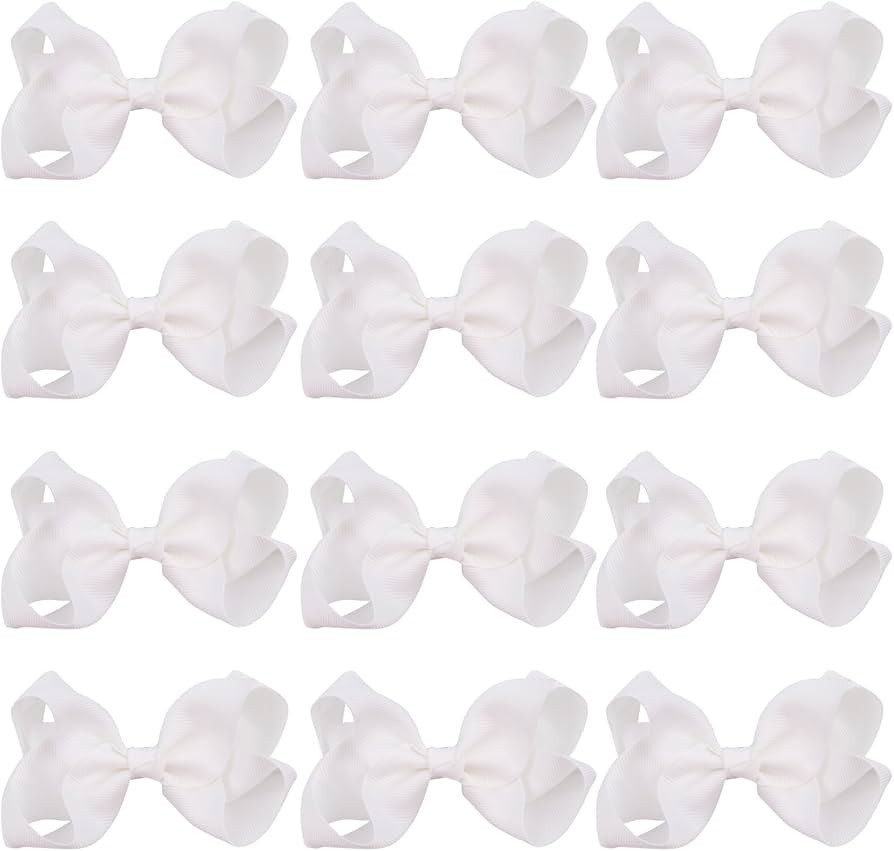 4 Inch Boutique Girls Hair Bows Hair Clips for Baby Girls Toddlers 12 Pcs Solid Color (White) | Amazon (US)