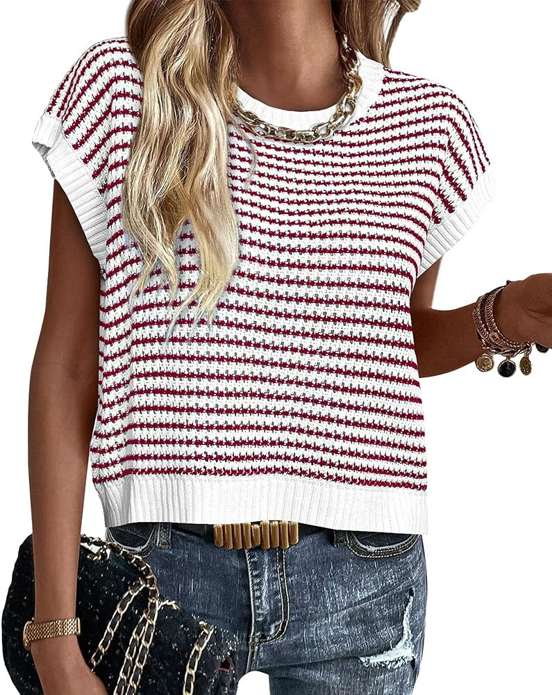 PRETTYGARDEN Womens Short Sleeve Sweater Spring Summer 2025 Round Neck Striped Pullover Cap Sleev... | Amazon (US)