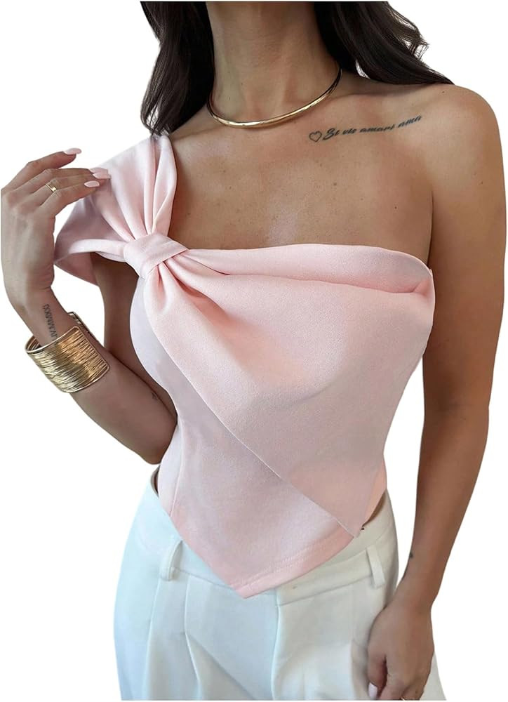 SHENHE Women's Bow Top Off The Shoulder Cap Sleeve Asymmetrical Dressy Going Out Crop Top | Amazon (US)
