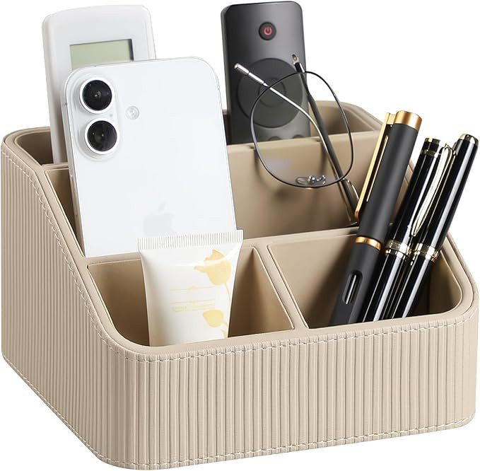 Remote Control Holder with 4 Compartments, PU Leather Small Nightstand Organizer for Home Desk Ac... | Amazon (US)