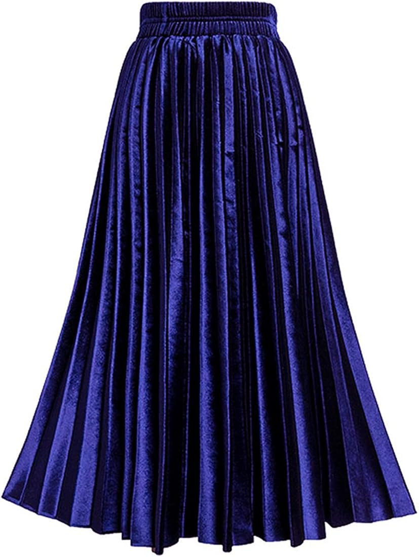 TONCHENGSD Women's High Elastic Waist Velvet Midi Long Pleated Swing Ruffled Skirt | Amazon (US)