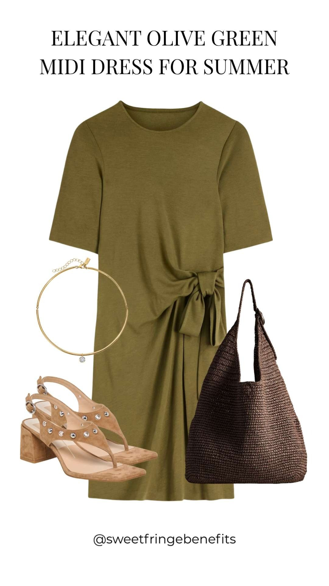 An easy elevated summer look. Loving this olive green midi dress styled with woven accessories and neutral heels 🫶🏻 

 #LTKootd #LTKSeasonal #LTKOver40