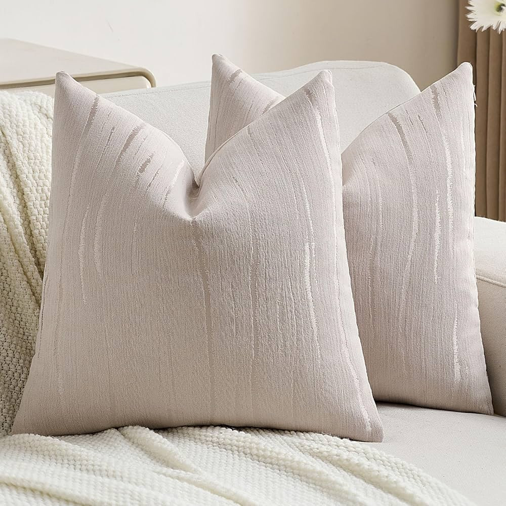 FUTEI Beige Chenille Decorative Throw Pillow Covers 18x18 Inch Set of 2,Soft Embossed Striped Tex... | Amazon (US)