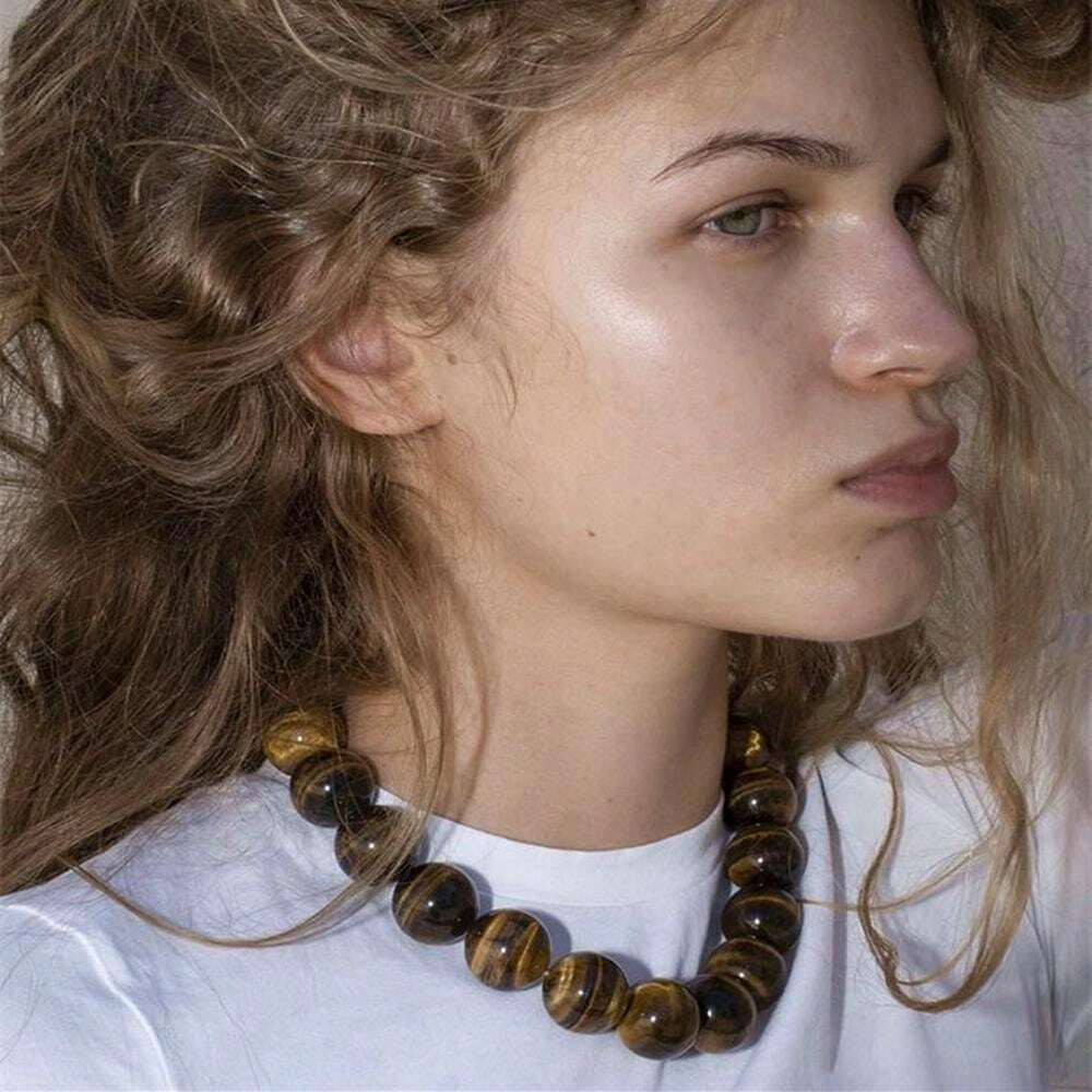 1pc 12mm Tiger Eye Bead Necklace, Women Fashion Minimalist Accessory, New Hot Selling | SHEIN