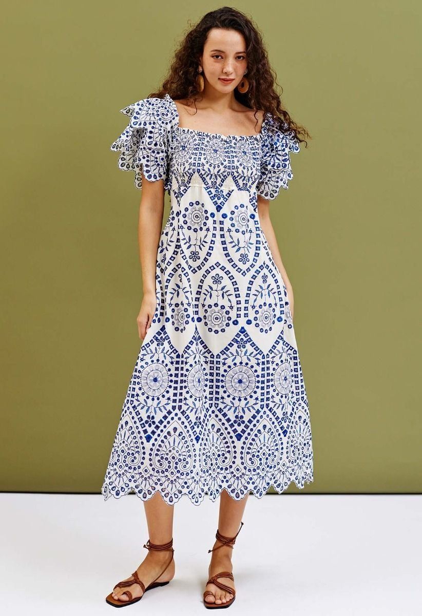 Blue Embroidery Ruffle Sleeve Cotton Dress | Chicwish