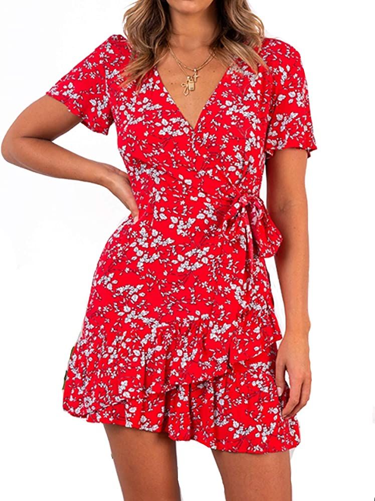 Summer Women Short Sleeve Print Dress V Neck Casual Short Dresses | Amazon (US)