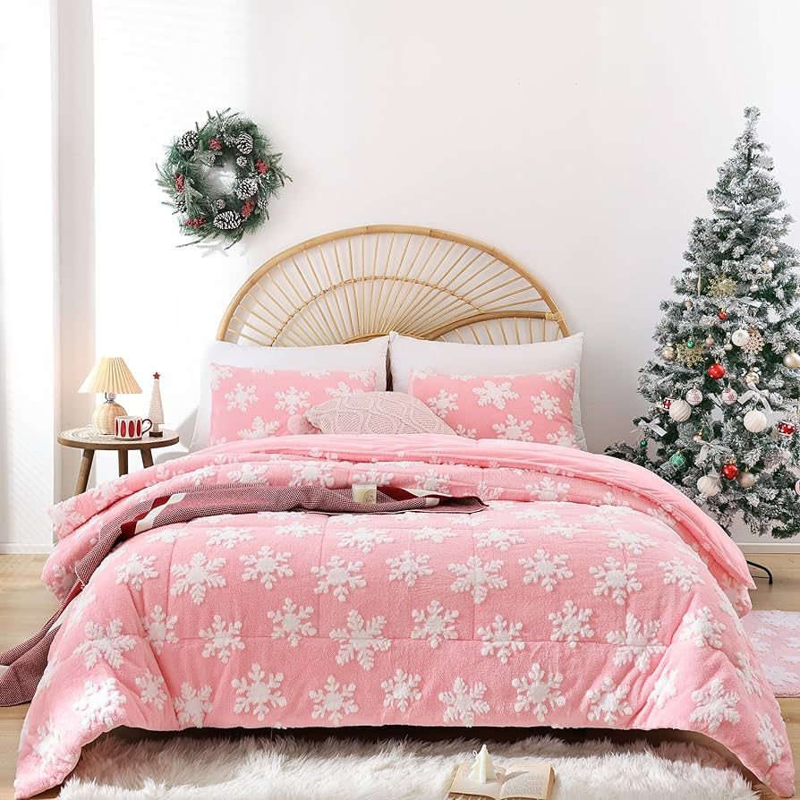 JANZAA Queen Comforter Set Christmas Bedding Fluffy Comforter Set with White Snowflake Stereoscop... | Amazon (US)