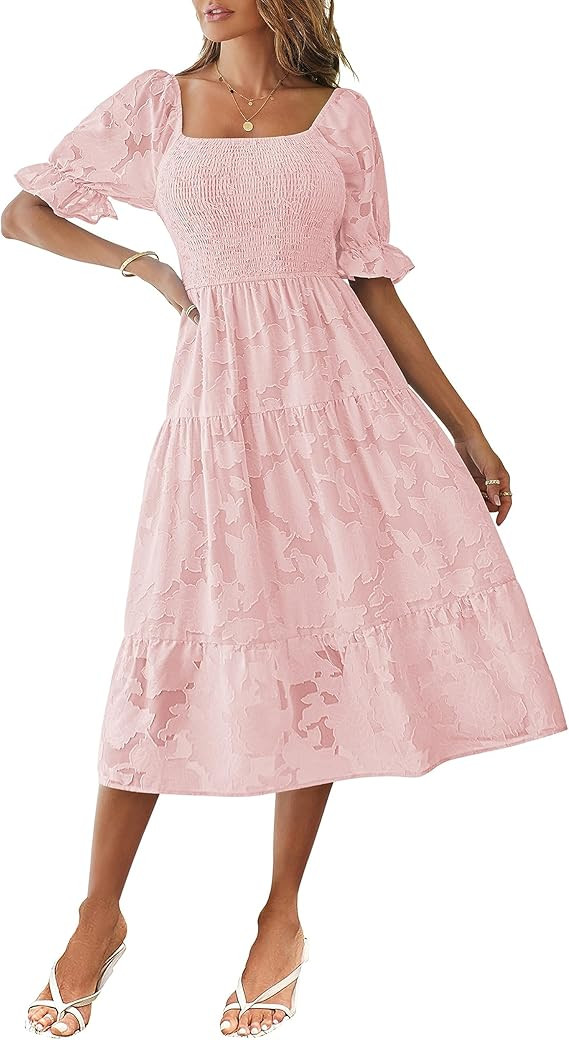 MEROKEETY Womens 2024 Summer Short Puff Sleeve Smocked Square Neck Floral Textured Tiered Midi Dr... | Amazon (US)
