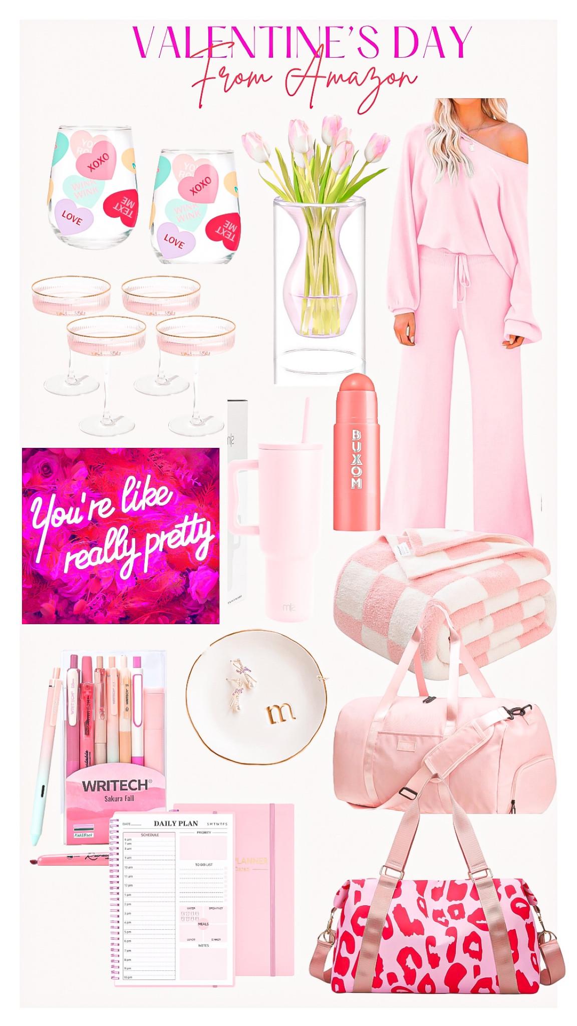 Valentine’s Day 💕🎀

How cute are these finds! I have the tow piece set in two colors. I have the small and medium- prefer the medium 

Valentine’s Day, pink gifts, pink finds, gifts for her, champagne glasses, wine glasses, flower vase, pink two piece set, you’re like really pretty sign, neon sign, buxom lip balm, simple modern tumbler, pink tumbler, pink and white blanket, jewelry holder, pink duffel bag, pink bag, weekend bag, pink weekend bag, pink pens, pink calendar 

#LTKstyletip #LTKfindsunder50 #LTKGiftGuide
