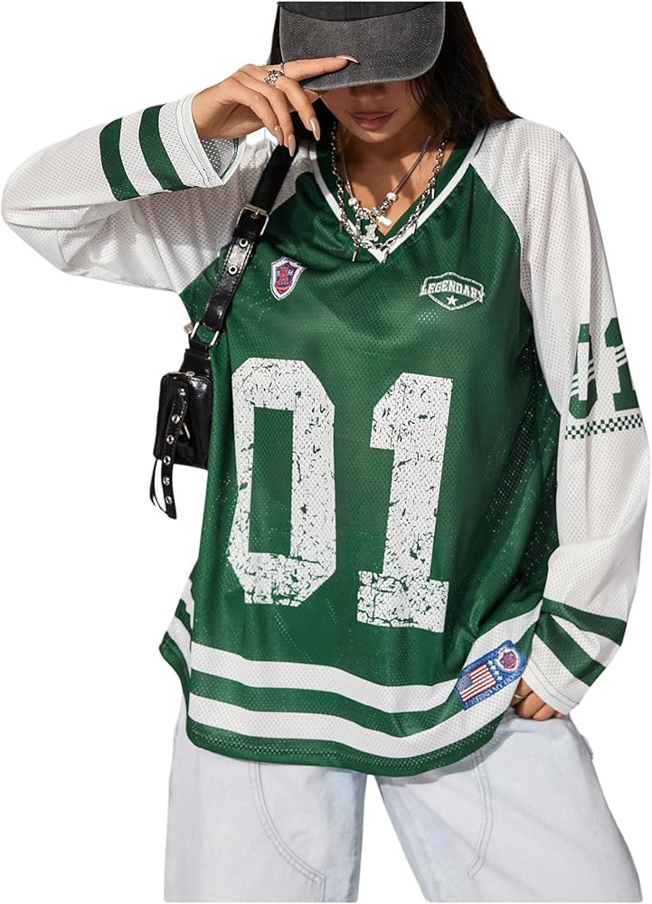 Women's Y2k Baggy Jersey Oversize T Shirt Letter Number Graphic Sport Soccer Jersey Striped Footb... | Amazon (US)