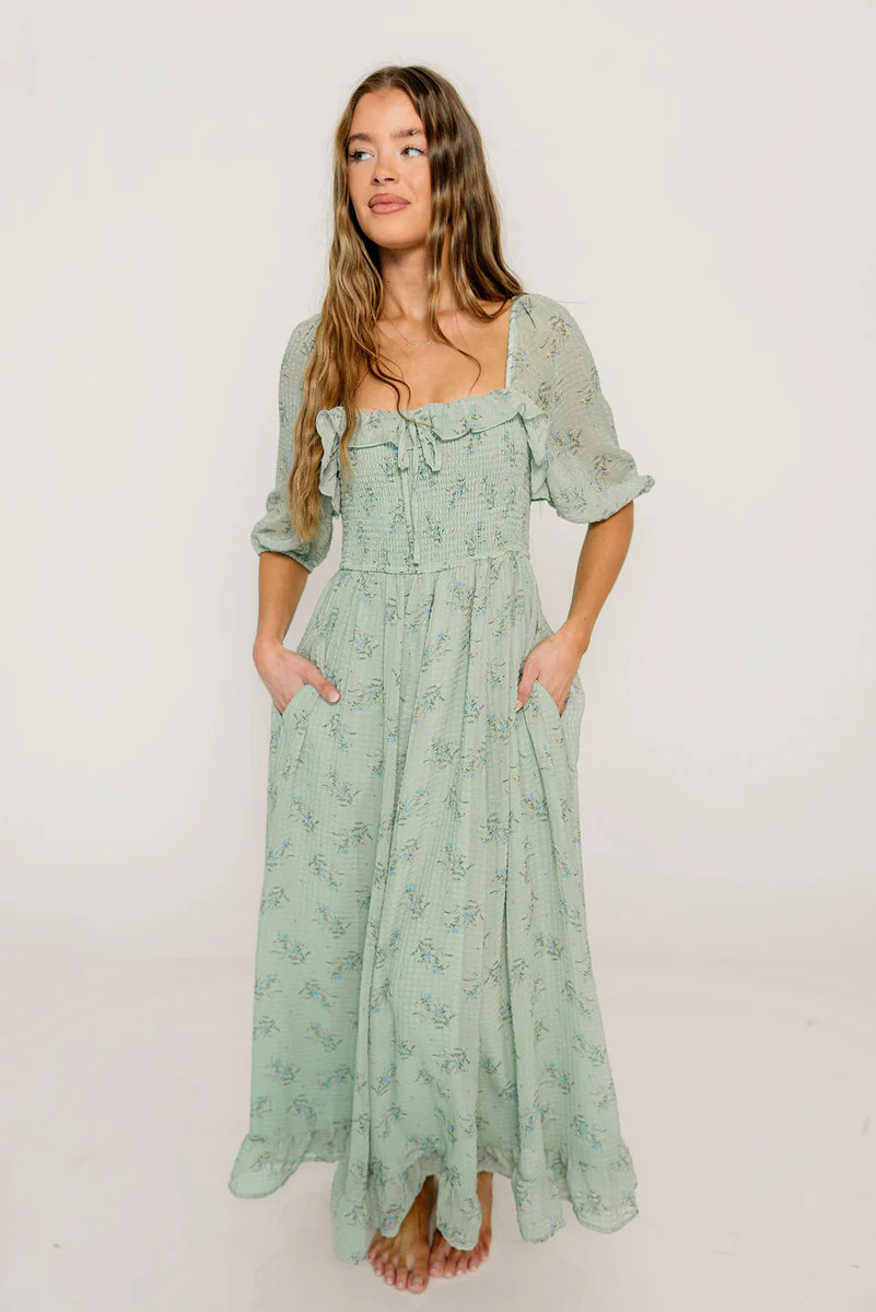 Elle Smocked Floral Ruffle Maxi Dress in Green Tea Floral | Worth Collective