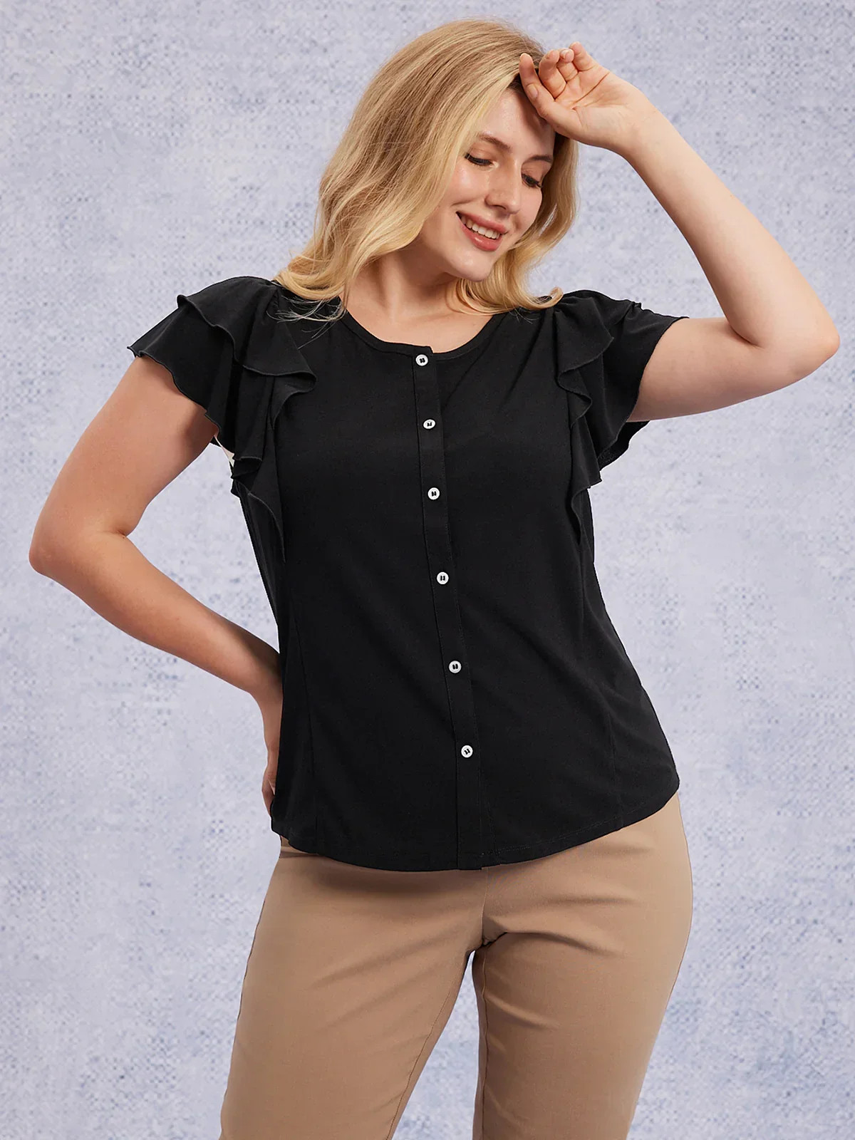 89th & Madison Ruffle Sleeve Button Front Cool Feel Top | 89th + Madison