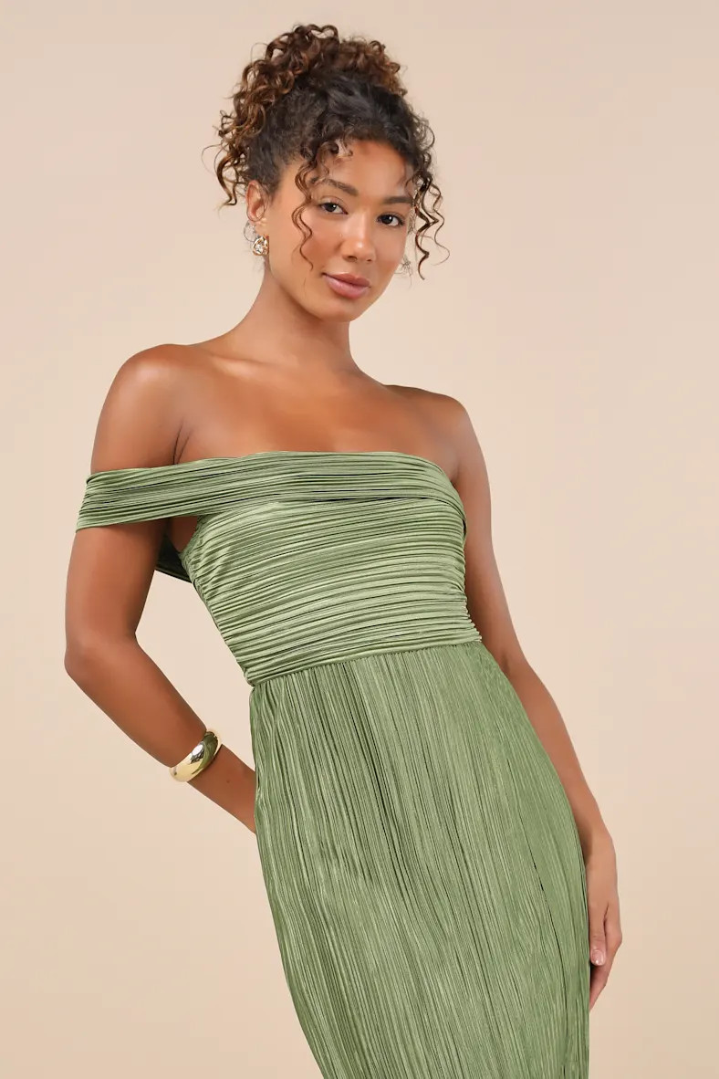 Poised Performance Olive Green Plisse One-Shoulder Maxi Dress | Lulus