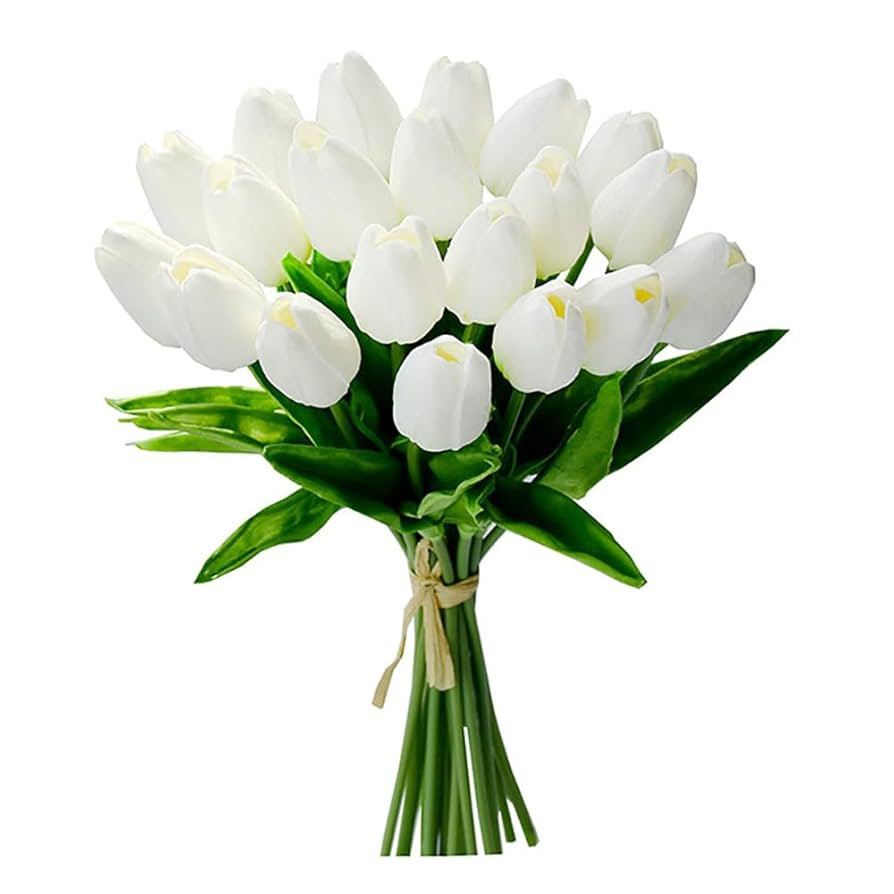 20 Pcs White Tulips Artificial Flowers 13.5" PU Real Touch with Faux Mix Tulip Bulbs Silk Bouquet... | Amazon (US)