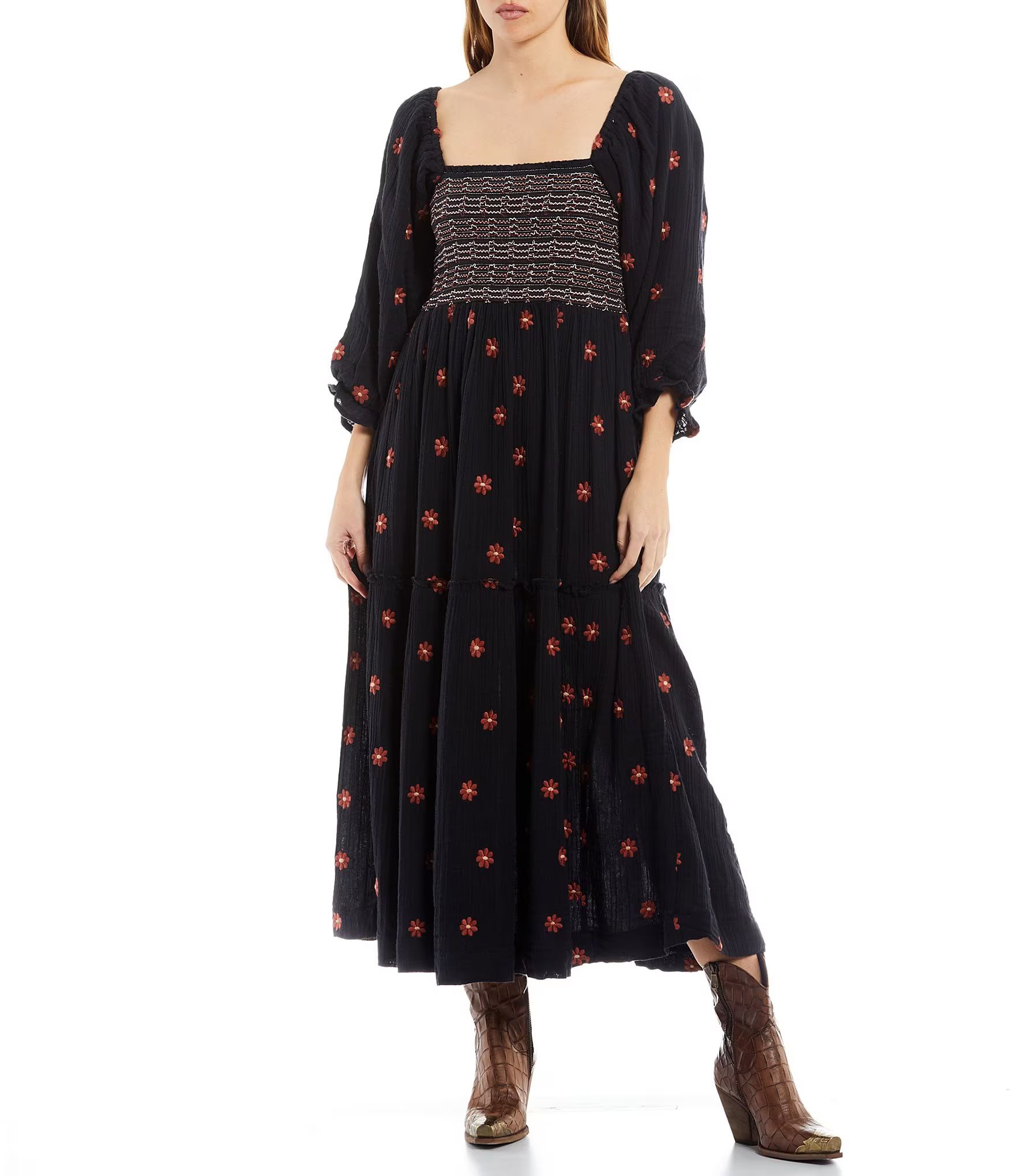 Free PeopleDahlia Floral Print Embroidery Square Neck Smocked Top 3/4 Balloon Sleeve A-Line Dress | Dillard's