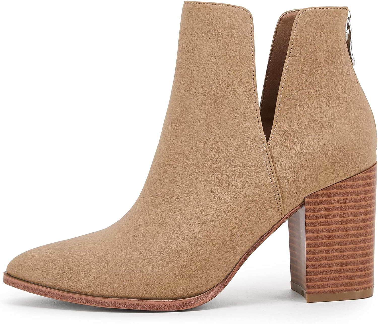 Womens Pointed Toe Ankle Booties Stacked Mid Block Heel Cutout Back Zipper Shoes Faux Leather Boo... | Amazon (US)