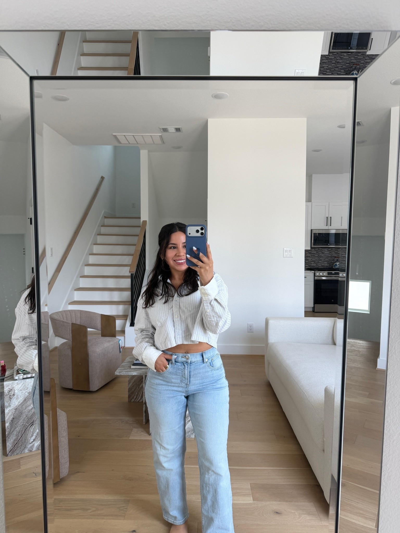 WFH outfit 
Button down: xs
Jeans: small

#LTKdayinmylife #LTKgrwm #LTKootd