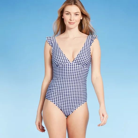 Women's Ruffle Gingham High Coverage One Piece Swimsuit - Kona Sol™ Navy | Target