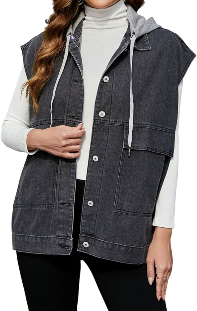 PAODIKUAI Women's Oversized Denim Vest Mid Long Jean Vest Sleeveless Jackets Distressed Vest Cott... | Amazon (US)