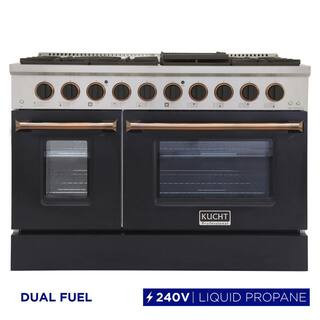48 in. 6.7 cu. ft. LP Ready Double Oven Dual Fuel Range with Gas Stove and Electric Oven in Black and Gold | The Home Depot