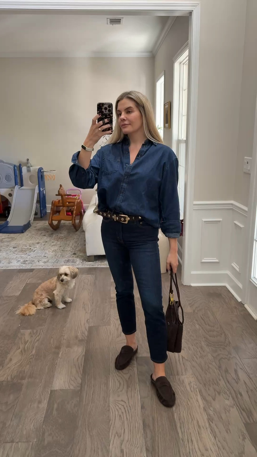 Canadian tuxedo, denim shirt, dark denim, fall outfit, fall style, ootd, dark brown, loafers, bottega dupe

#LTKootd #LTKmomlife #LTKOver40