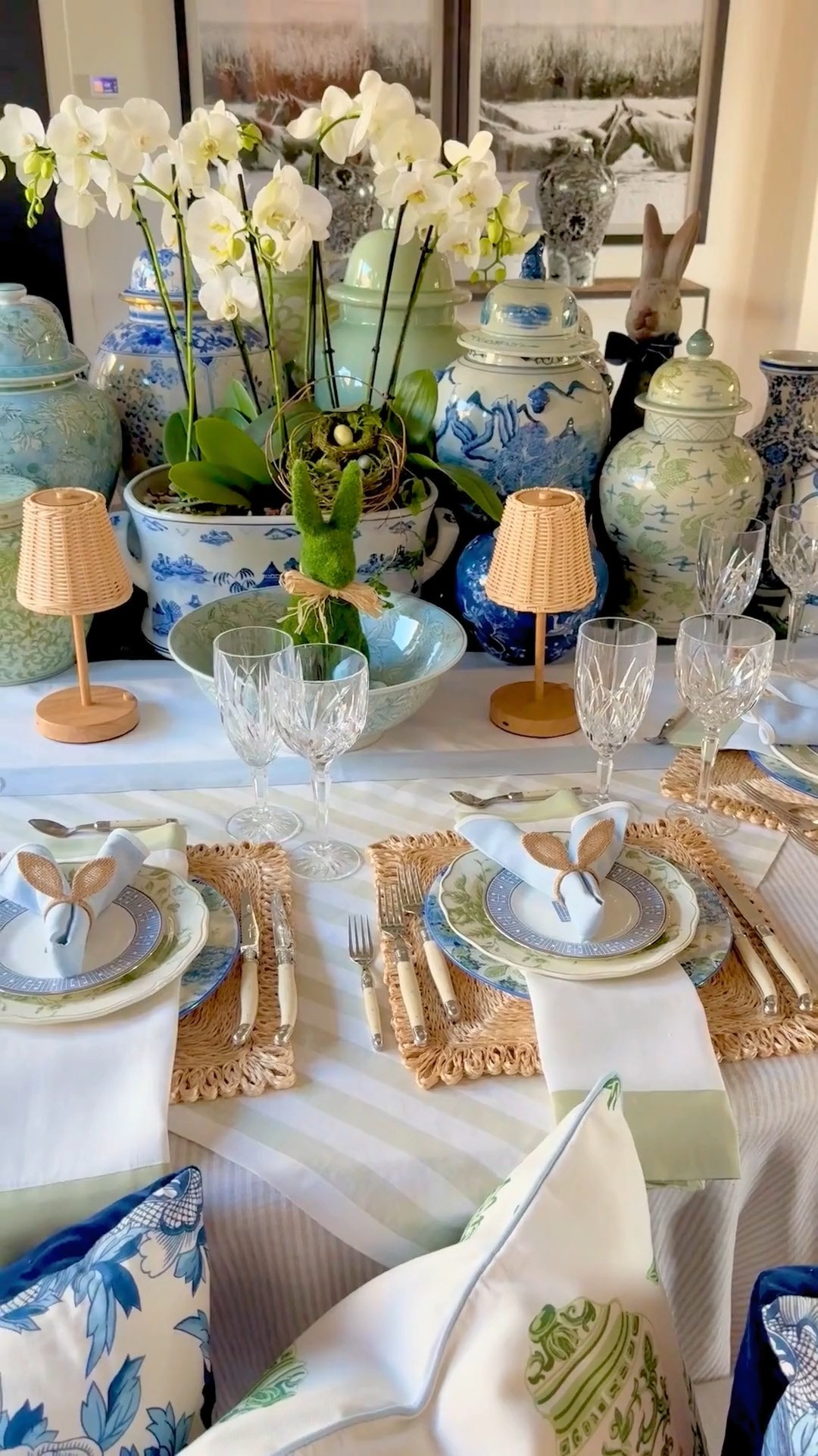 Easter Tablescape with Solino Home Linens. Chinoiserie blue and sage green ginger jars, a layered tablescape perfect for a Easter brunch. 
#ltkspring 

 #LTKSeasonal #LTKHome