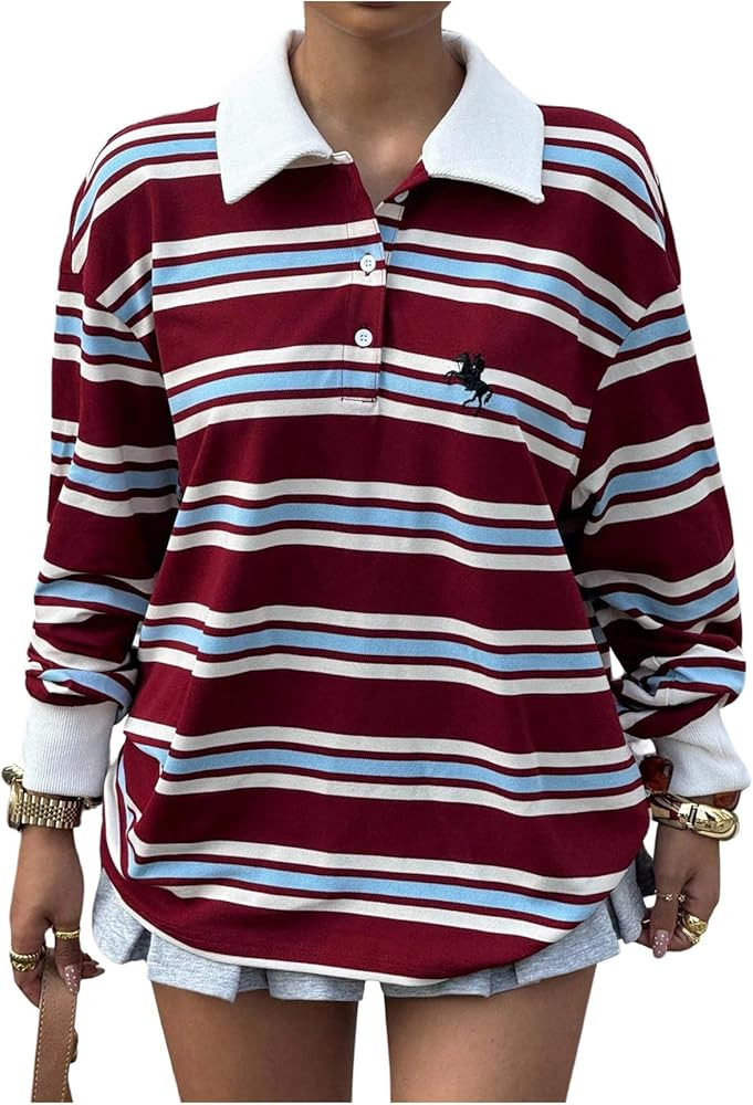 Women's Preppy Striped T Shirt Long Sleeve Button Front Collared Tee Top Casual Fall Clothes Stre... | Amazon (US)