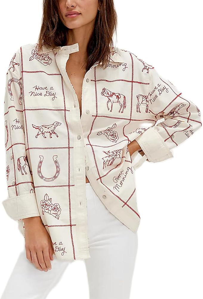 Button Down Shirts for Women Y2K Boho Floral Long Sleeve Flowy Blouse Cute Vintage Aesthetic Shir... | Amazon (US)