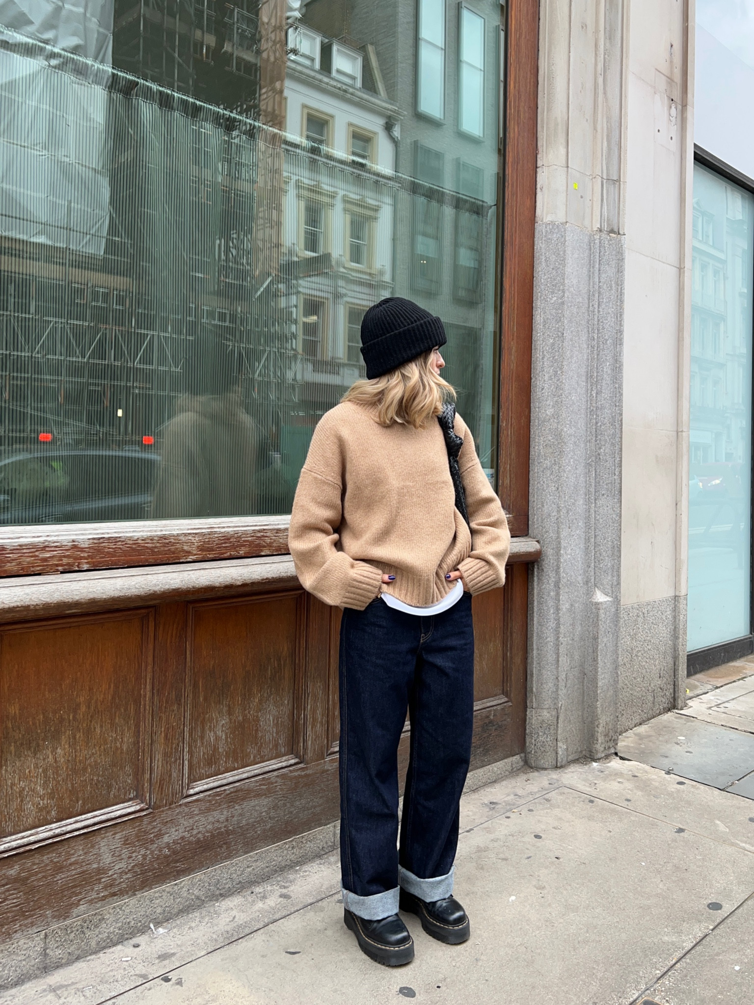 Everlane camel knit jumper, indigo Uniqlo baggy jeans, dr martens jadon, ganni beanie, Anthropologie woven bag 



#LTKeurope #LTKstyletip