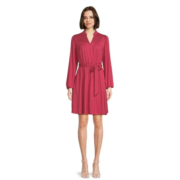 Time and Tru Women's Smocked Neck Mini Dress with Long Sleeves, Sizes XS-XXXL | Walmart (US)
