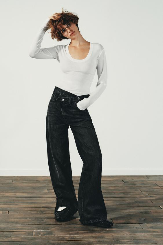 TRF WIDE-LEG HIGH-WAIST JEANS WITH CROSSOVER WAIST | Zara UK