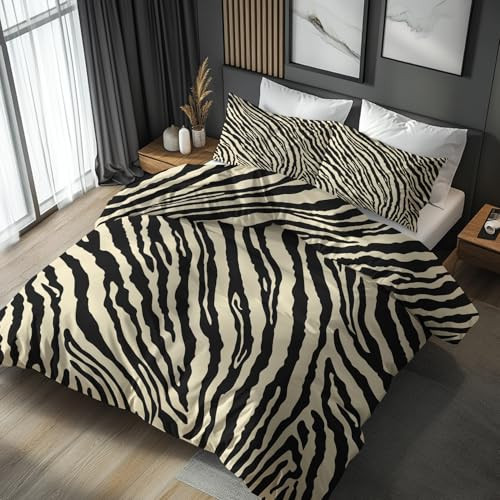 Zebra Duvet Cover Queen Size, Abstract Black Beige Reversible Design Bedding Set 3 Piece, Zebra Bedroom Decor & Gift, Soft Microfiber, 2 Pillow Shams, Zipper Ties(NS37) | Amazon (US)