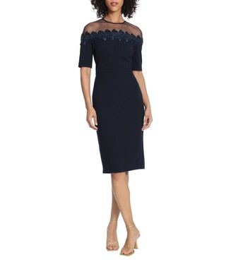 Illusion Yoke Stretch Crepe Short Sleeve Crew Neck Sheath Midi Dress | Dillard's