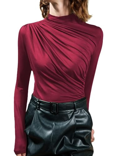 Avanova Women Long Sleeve Ruched Front Top Mock Neck Work Fitted Blouse Shirt Burgundy Medium | Amazon (US)