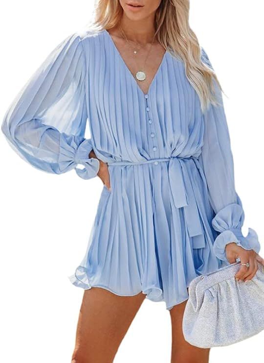 Dokotoo Womens 2023 Summer Buttons V Neck Tie Waist Flared Pleated Drape Long Sleeve Rompers Jump... | Amazon (US)