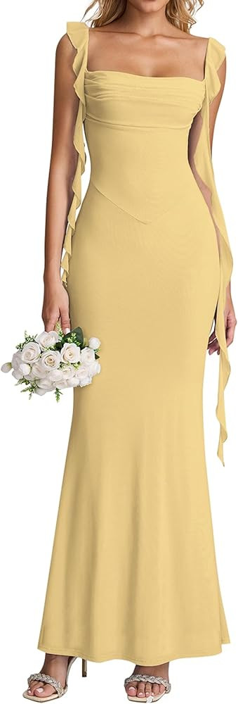 KUTUMAI Elegant Long Formal Wedding Guest Dresses for Women 2026 Ruffle Bodycon Cocktail Party Ma... | Amazon (US)