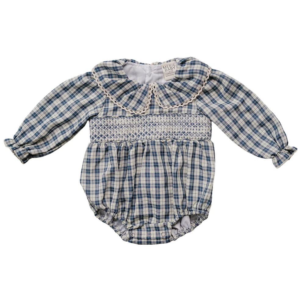 Blue Plaid Ruffle Collar Bubble Romper | Mebie Baby