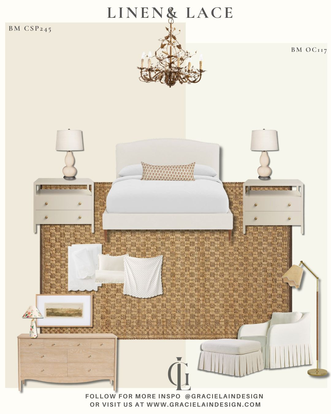Layers upon layers of beautiful texture... and somehow it still feels effortless. 🤍
This serene neutral bedroom is filled with the prettiest details—linen, lace, embroidery, soft florals, delicate pleats, and romantic ruffles—all working together in the same tonal palette to create a space that feels light, airy, and calm. Every layer adds interest without overwhelming the room, proving that neutral doesn't have to mean boring.
I love how the unexpected touches bring personality and charm—the brass chandelier adds a warm glow, the floral lamp introduces a hint of whimsy, and the feminine bedding creates that collected, cozy feeling that invites you to stay awhile. And don't miss the soft neutral rug... it's an incredible find for the price and grounds the entire space beautifully.
Elegant yet relaxed. Detailed yet simple. Refined yet welcoming. This is the kind of bedroom that feels timeless and lived-in all at once.
Shop all the sources and find even more inspiration at gracielaindesign.com ✨
#LTKHome #BedroomInspo #NeutralBedroom #CoastalBedroom #FrenchCountryStyle #RomanticHome #NeutralDecor #BedroomDesign #LayeredInteriors #TraditionalHome #FeminineDecor #CottageStyle #TimelessDesign #InteriorStyling #HomeDecorFinds #ElegantInteriors #BedroomGoals #NeutralAesthetic #ClassicHome #GracielainDesign 

 #LTKHome #LTKSaleAlert