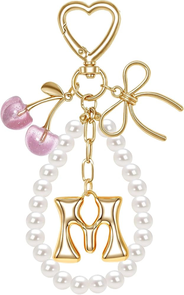 Cute Bubble Initial Cute Cherry&Bow Keychain,Gold Charms Gifts for Women,Handbag Purse Bag Access... | Amazon (US)