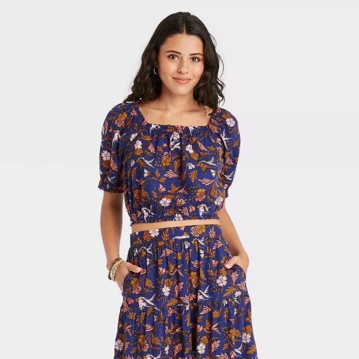Women's Puff Short Sleeve Cropped Blouse - Universal Thread™ Floral | Target