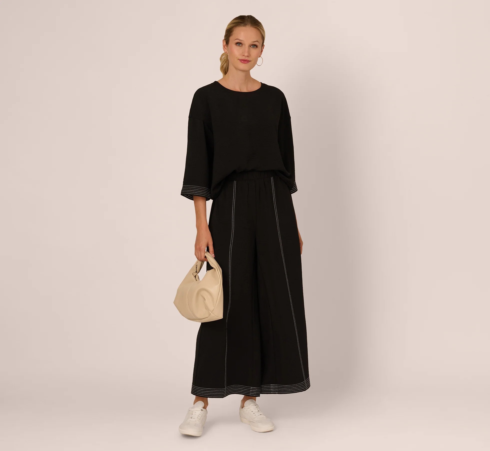 Three Quarter Sleeve Drop Shoulder Tie Waist Top In Black Ivory | Adrianna Papell