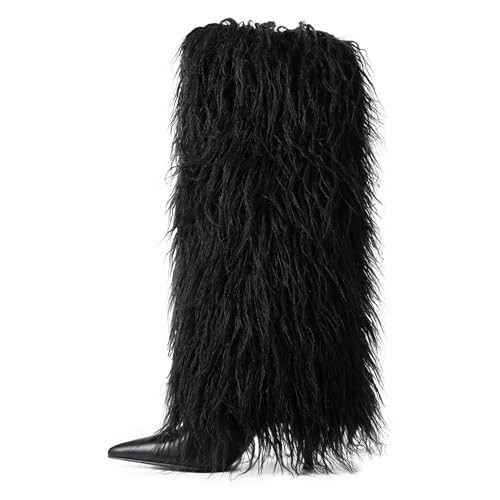 Women Fur Knee High Boots Black Sexy Stiletto Heels Long Furry Fold Over Boot Wide Calf Heel Boots for Clubwear Party Evening | Amazon (US)