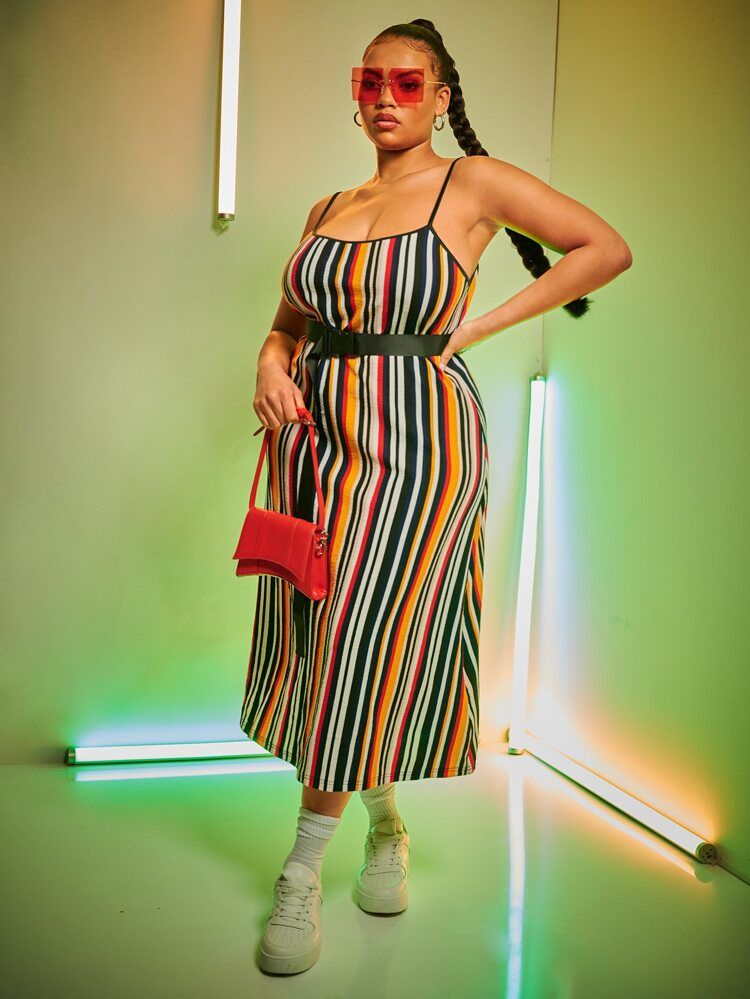 SHEIN Plus Striped Colorblock Slip Dress Without Belt | SHEIN