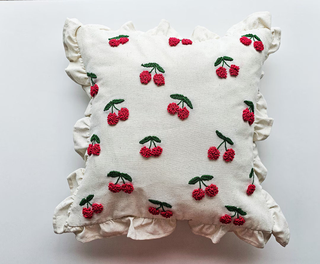 Handmade Punch Needle Cherry Ruffle Throw Pillow Case, Frill Cute Cherry Cozy Decor, Summer Home ... | Etsy (US)