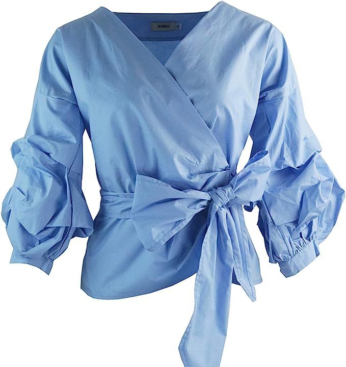AOMEI Women Spring Summer Blouses with Puff Sleeve Sashes Shirts Tops | Amazon (US)