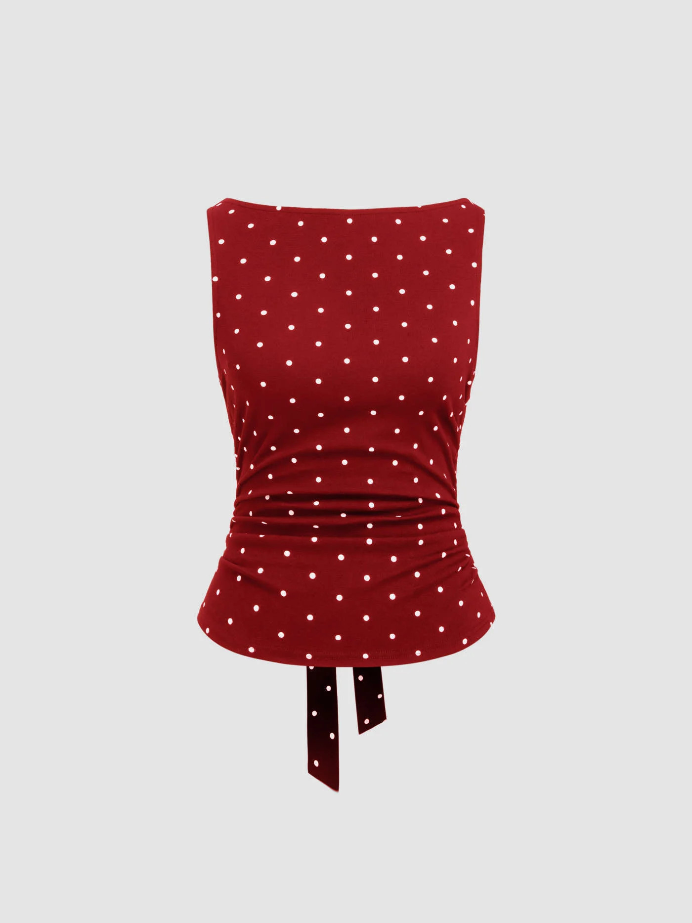 Cotton-blend Boat Neck Knotted Polka Dot Ruched Tank Top | Cider