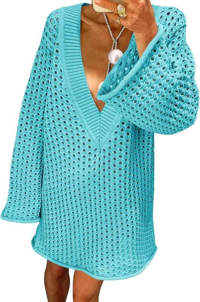 Saodimallsu Women Crochet Coverup Deep V Neck Long Sleeve Oversized Hollow Out Sweater Bathing Su... | Amazon (US)