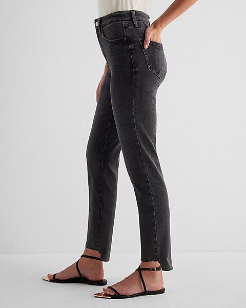 High Waisted Washed Black Raw Hem FlexX Straight Ankle Jeans | Express