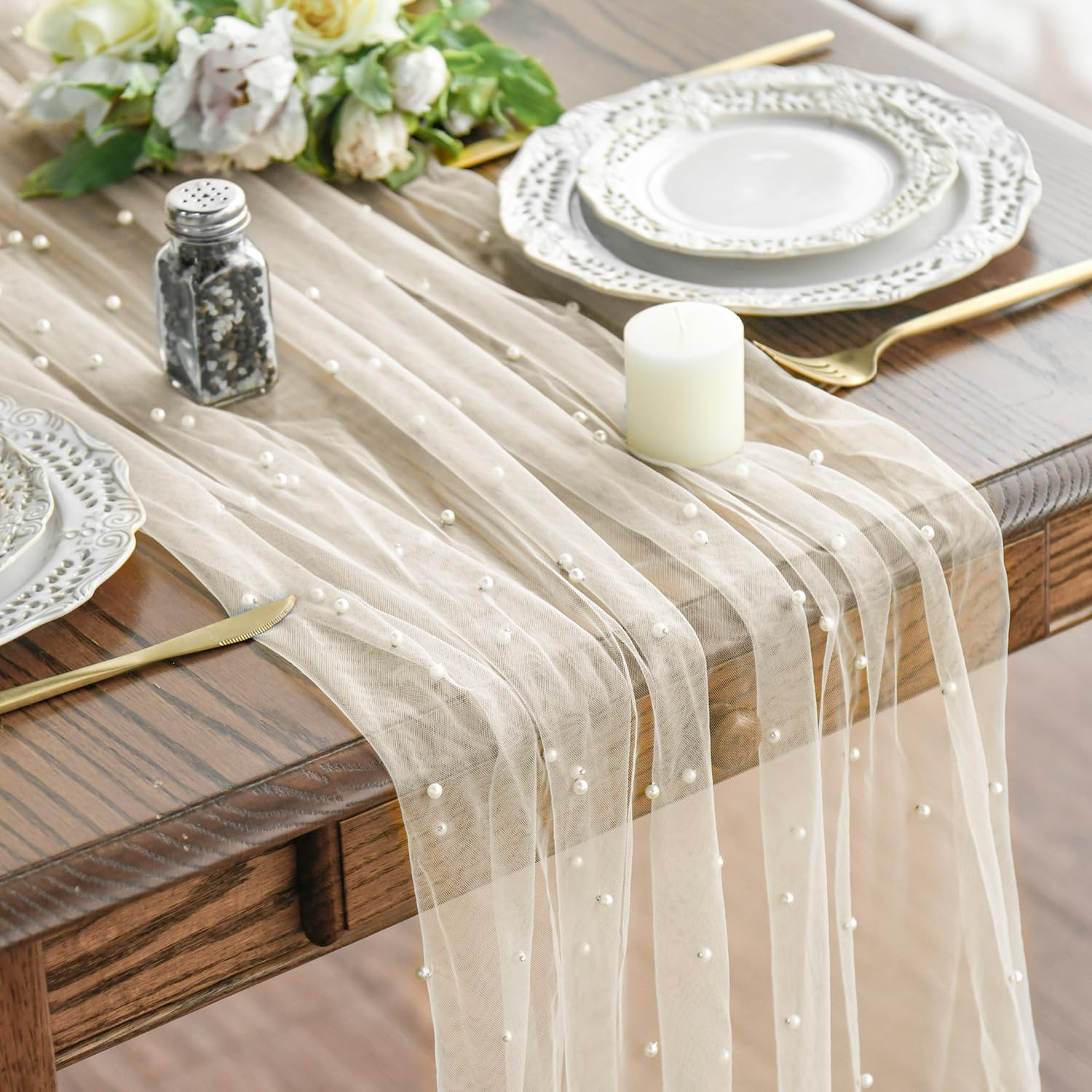 Artoid Mode Pearl Beige Gauze Table Runner 120 Inch 10FT, Seasonal Sheer Dining Holiday Wedding B... | Amazon (US)
